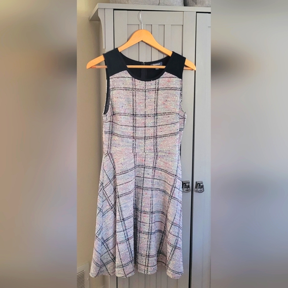 Modcloth Windowpane Confetti Tweed Fit and Flare Sleeveless Dress, size Medium